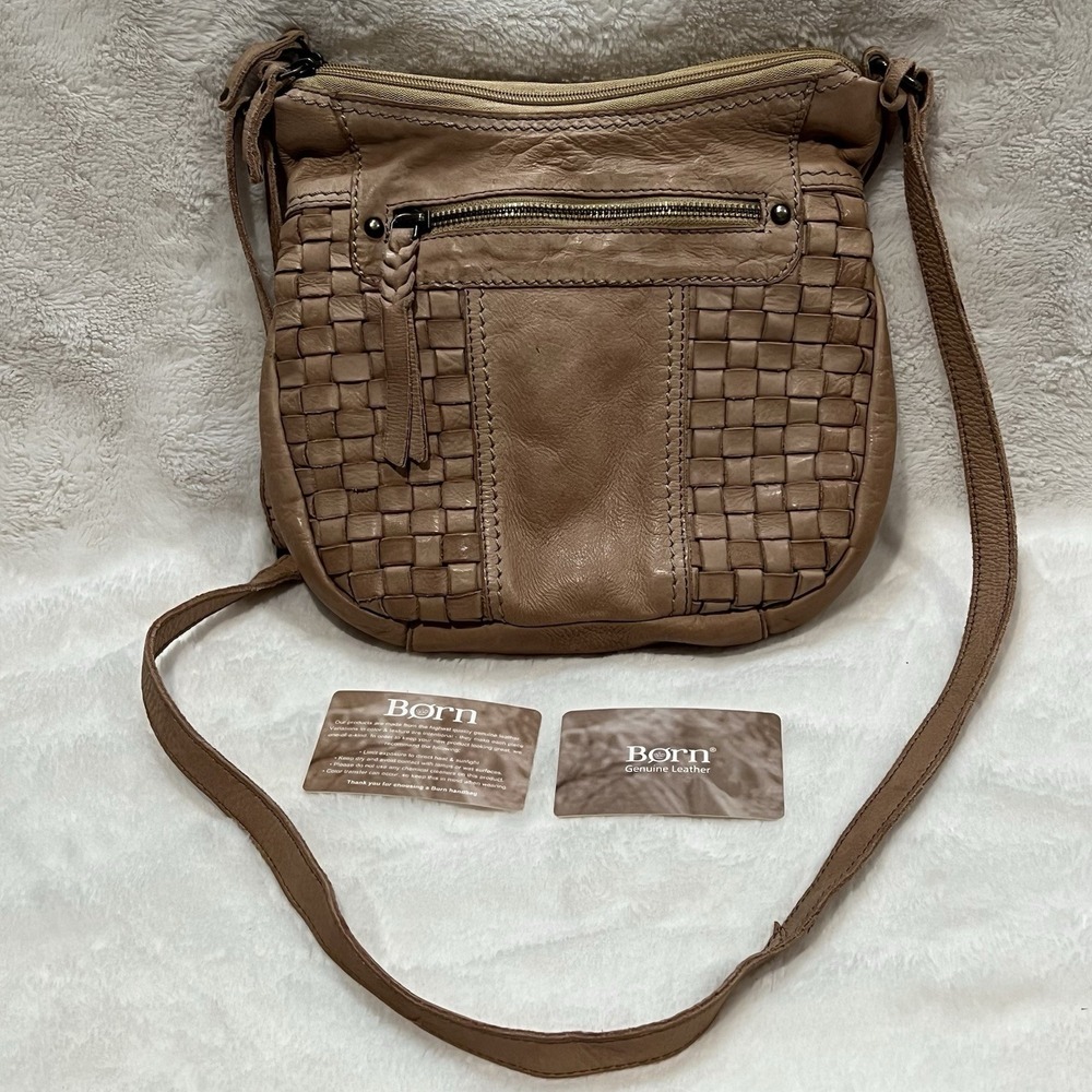 Born Genuine Leather Crossbody Bag/Purse In Natural Brown Woven Accent NWOT read